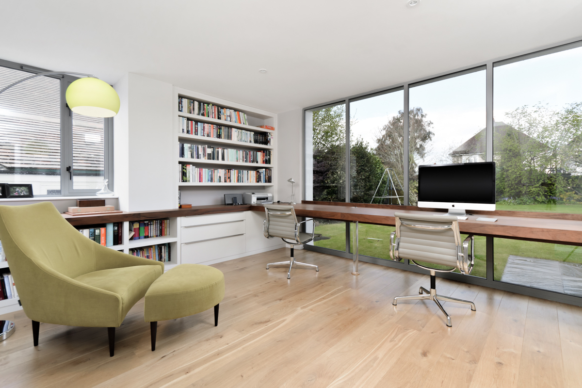 Double desk with garden views