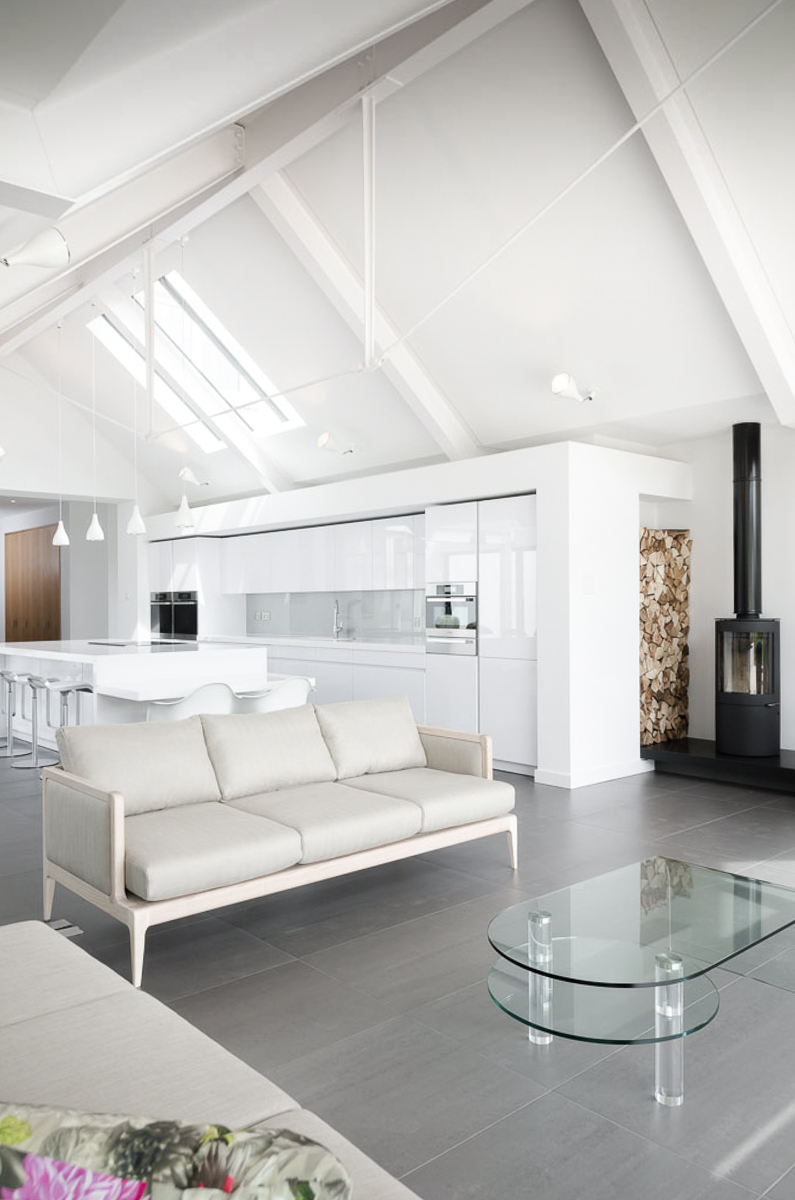 White vaulted kitchen and living room