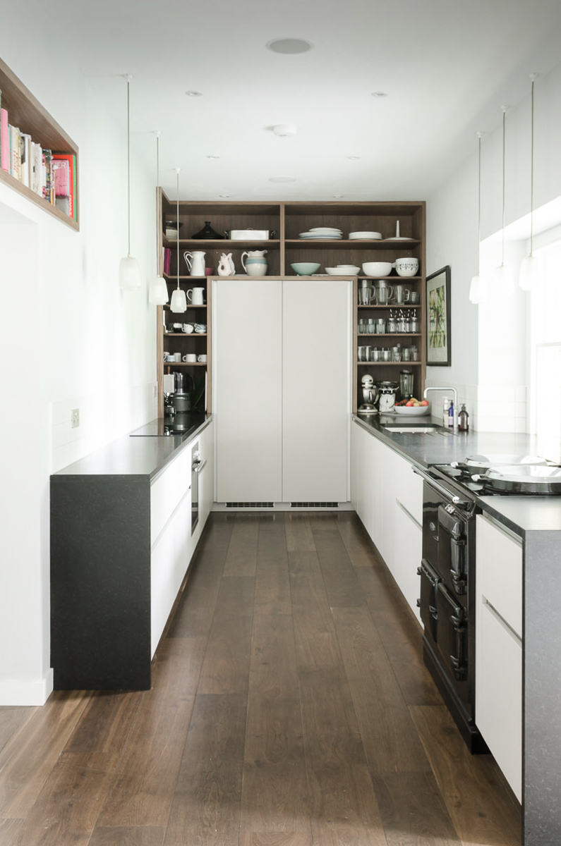 Modern kitchen with open timber shelving
