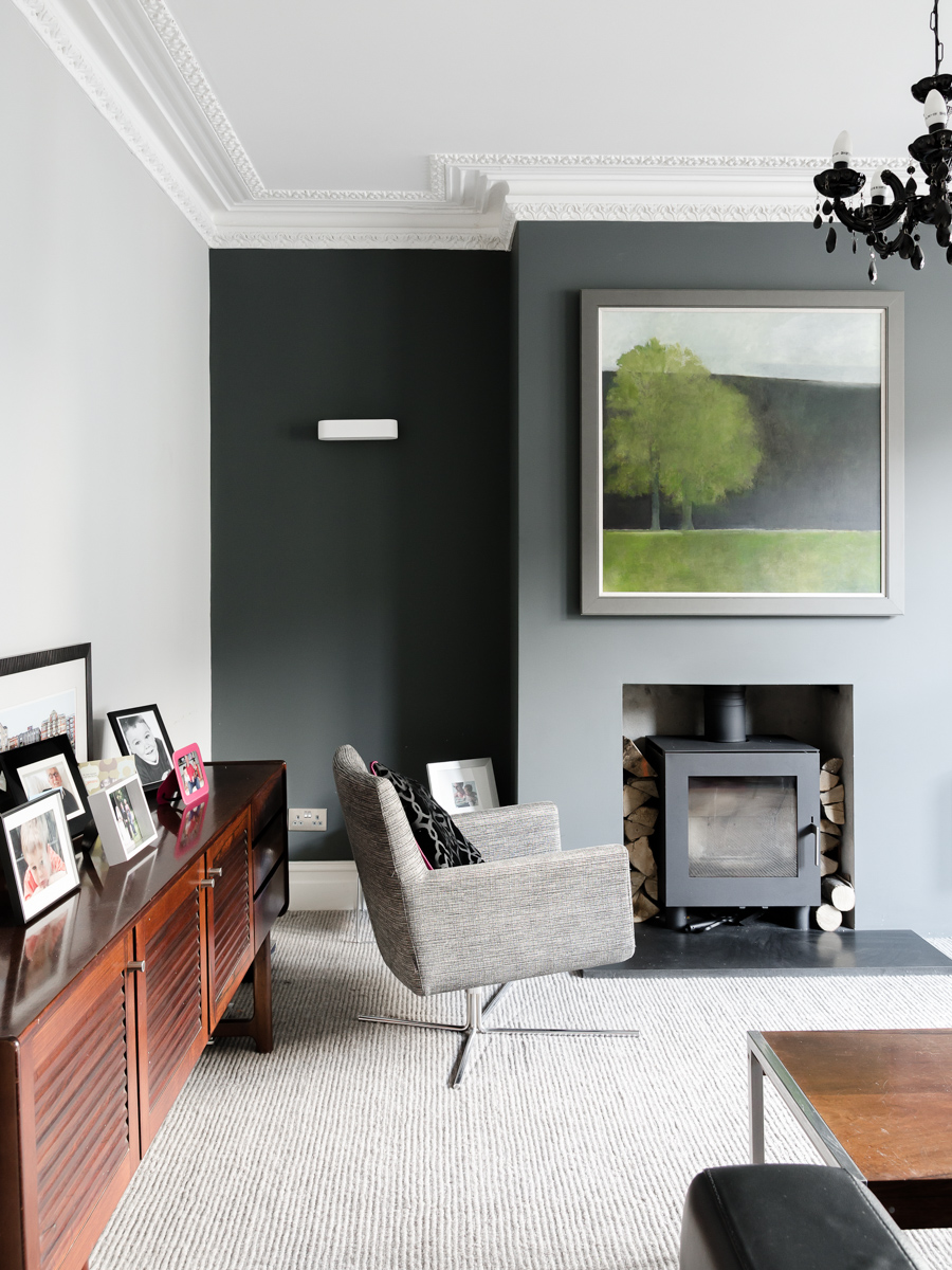 Modern wood burner in decorative living room