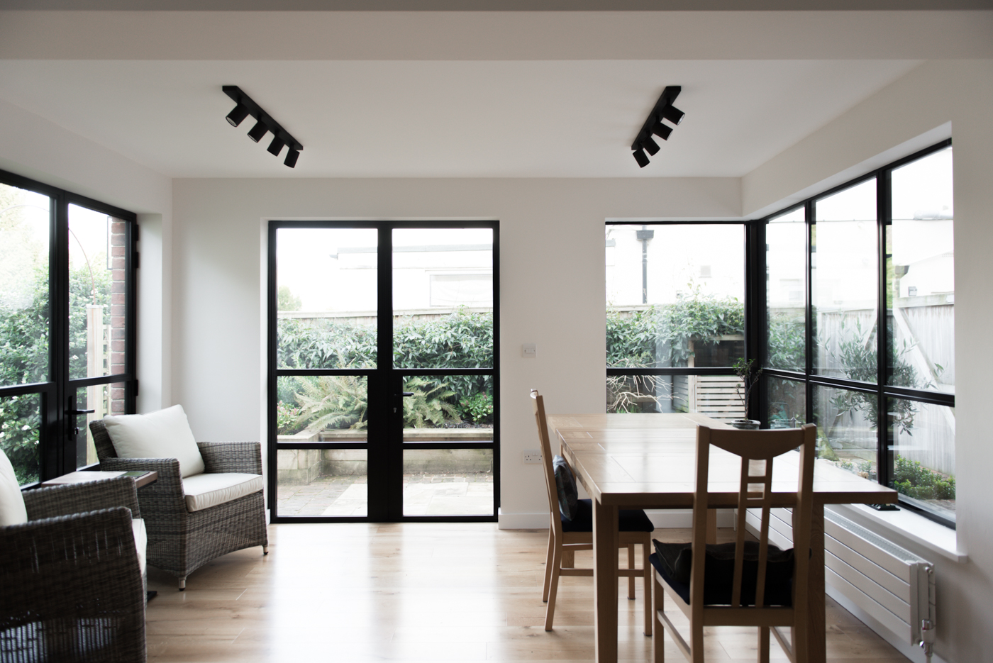 Extension interior with triple aspect glazing
