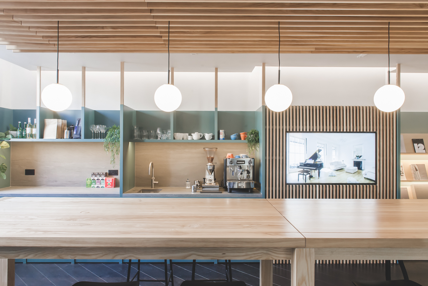 Open shelf kitchen and coffee station